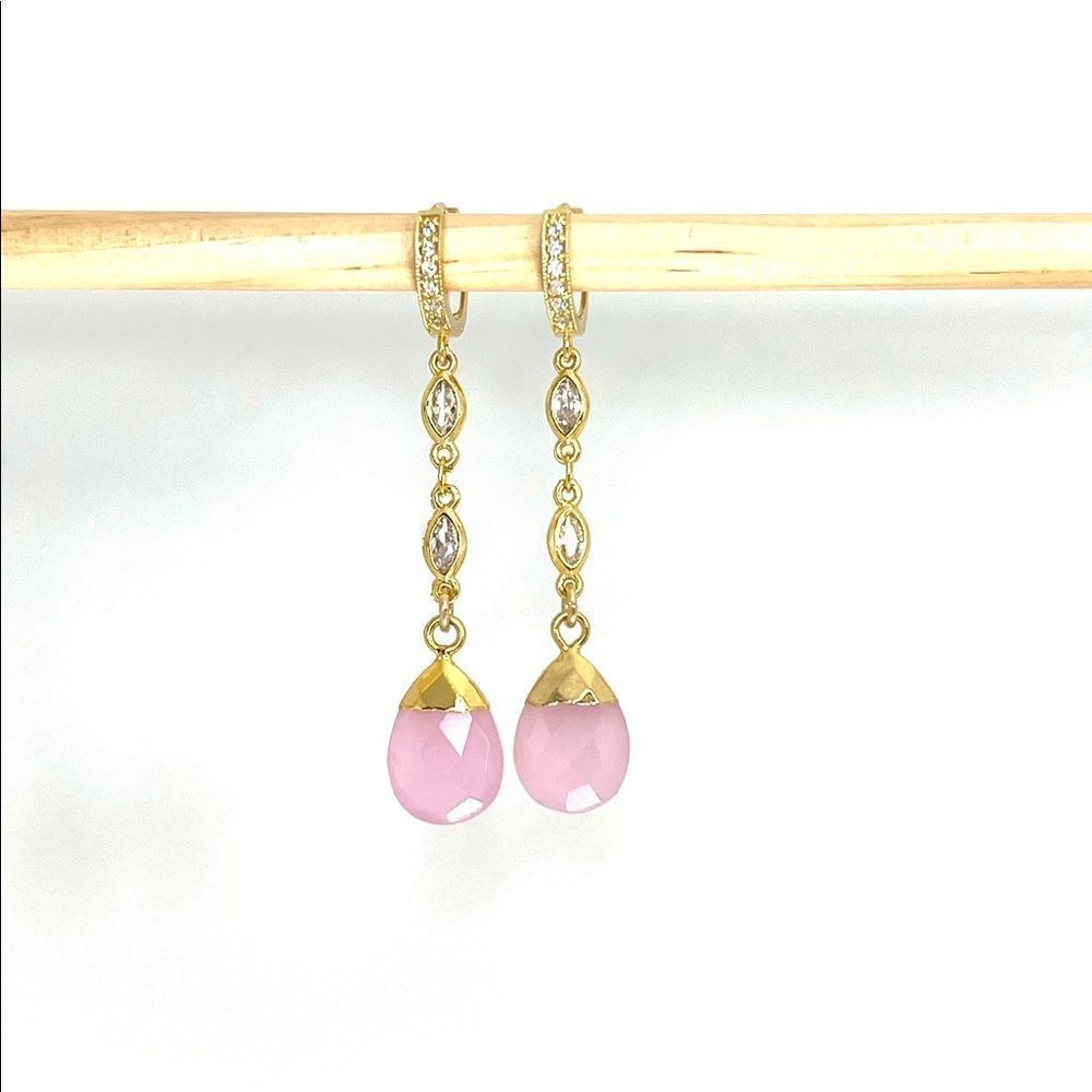 Pink long dangle earrings on gold huggie hoops for women